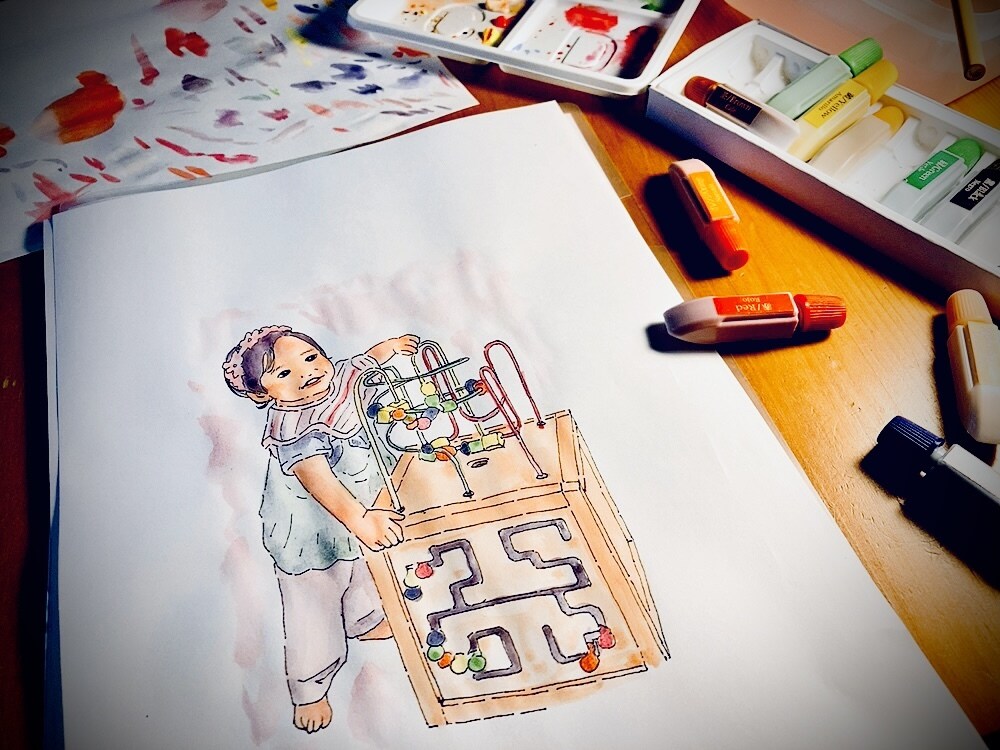 お祝いなどの贈り物に水彩画で似顔絵等お描きします PCじゃない手描きの温かい線画から水彩画まで楽しいイラスト、 イメージ3