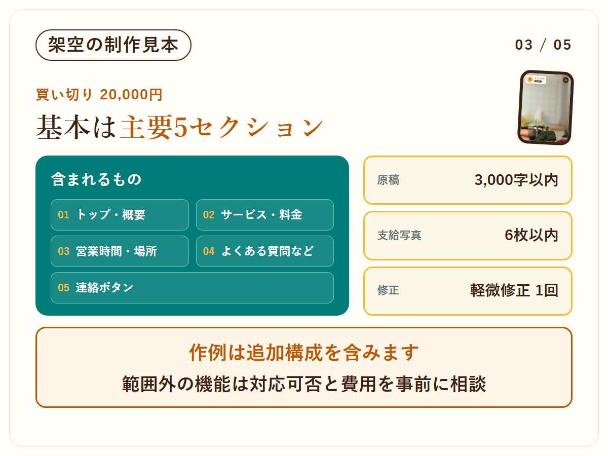 小さな事業の1ページホームページを作ります 買い切り2万円｜表示チェックの記録と制作データ付き イメージ3