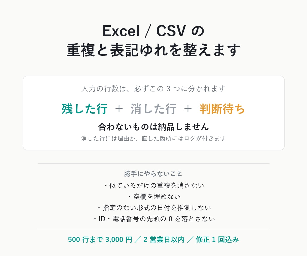 Excel/CSVの重複と表記ゆれを整えます 行数が合わない表は納品しません。QA報告書つき イメージ1
