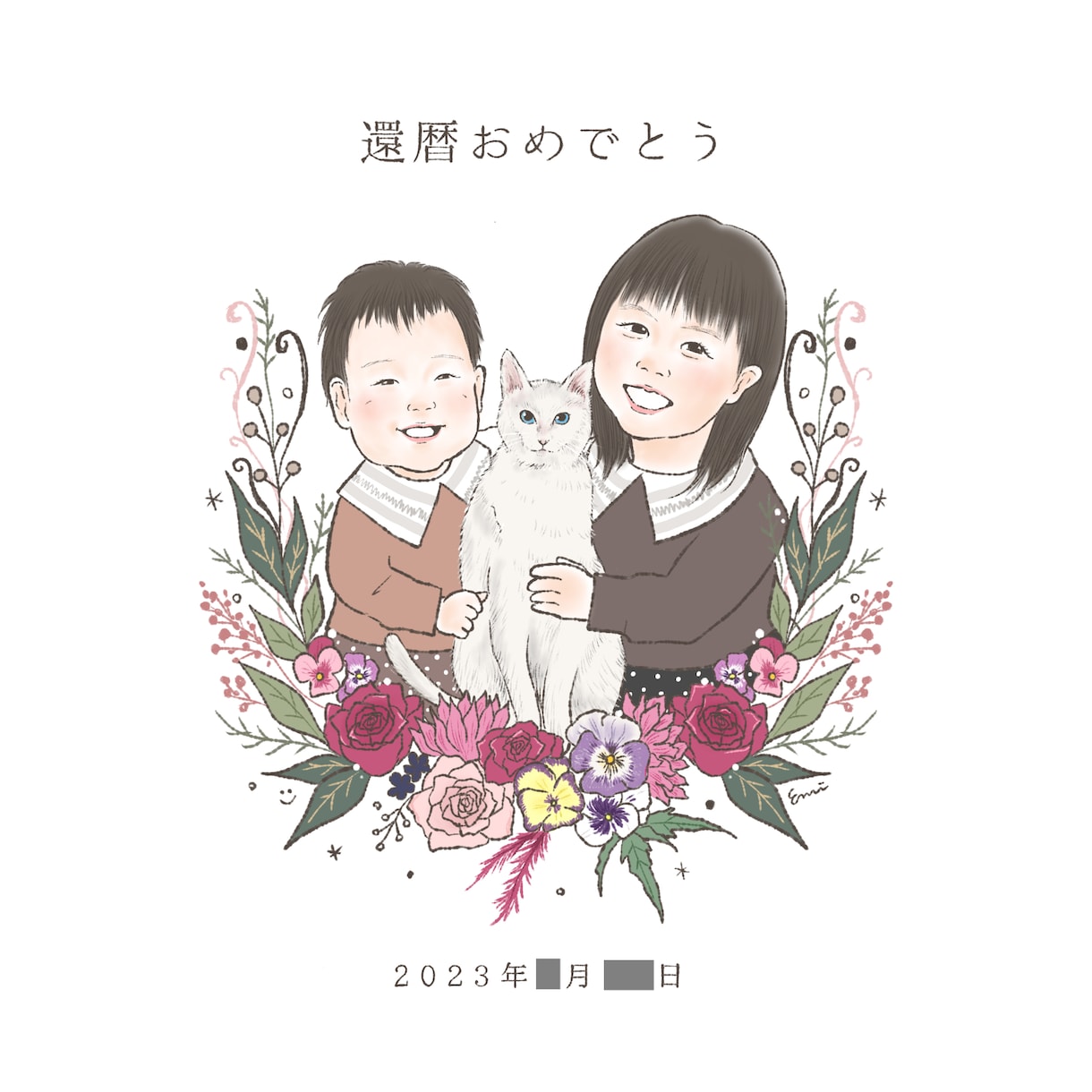 ほっこり優しいタッチのペット似顔絵描きます 華やかなお花のフレームイラスト付き♪インテリアにもアイコンに イメージ4