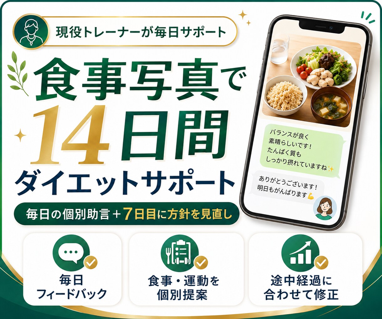 食事写真で14日間ダイエット伴走します 現役トレーナーが毎日個別助言＆途中で軌道修正で安心！ イメージ1