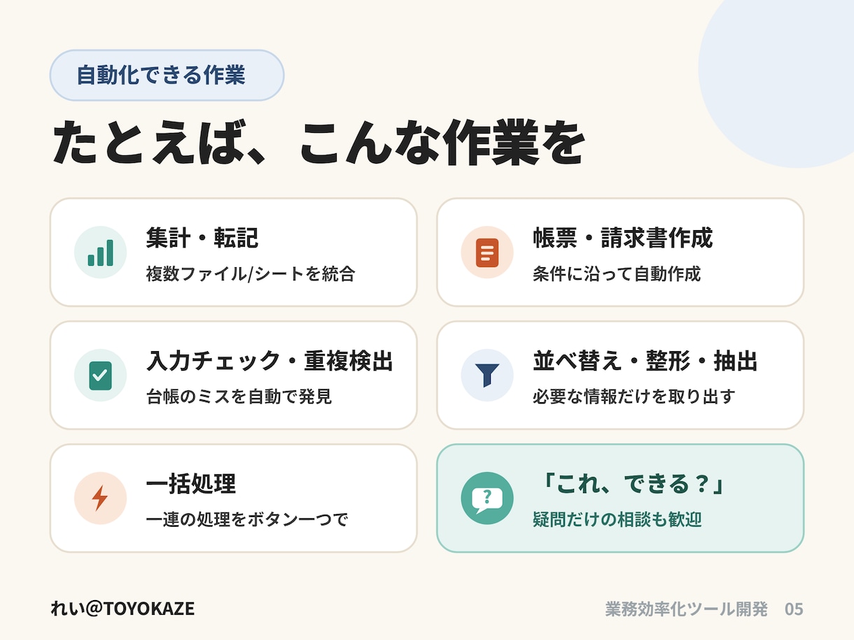 あなたの業務に最適なツールを設計・開発・提案します 面倒な事務作業を自動化し、面倒な手作業から解放します。 イメージ5