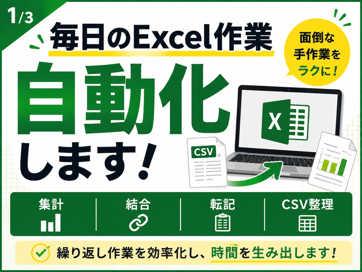 Excel・CSVの面倒な作業を自動化します 集計・結合・転記など毎回の手作業をラクにします イメージ1