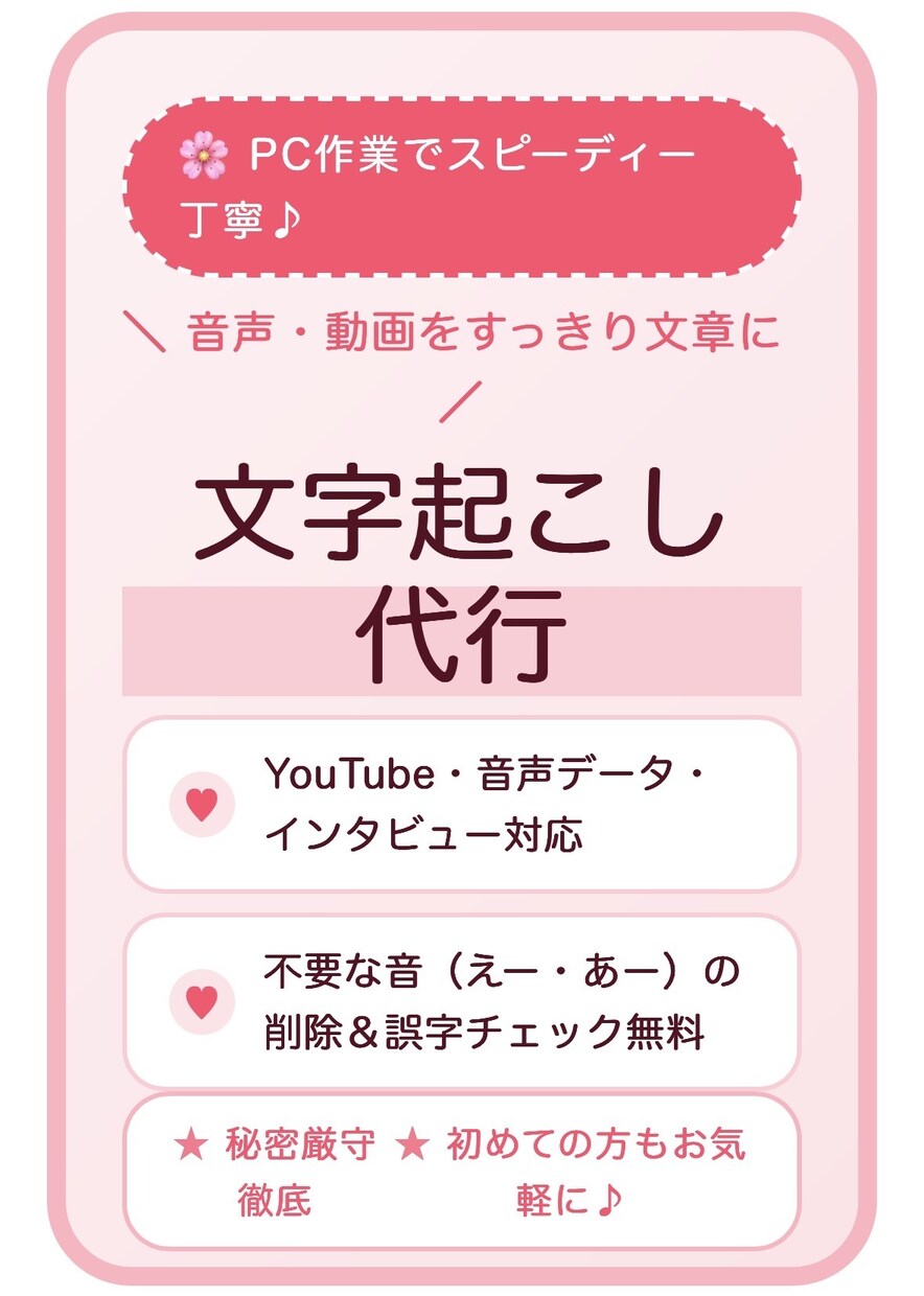 文字起こし代行！誤字チェック込みで作成します YouTubeや音声データを正確に文字起こし・ケバ取りします イメージ1
