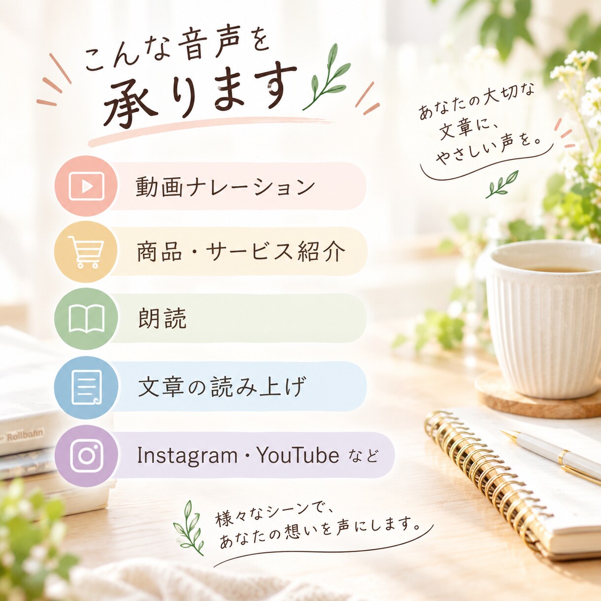 やさしい声で、ナレーション・朗読・文章を読みます 落ち着いた雰囲気で、あなたの文章を心地よくお届けします。 イメージ2