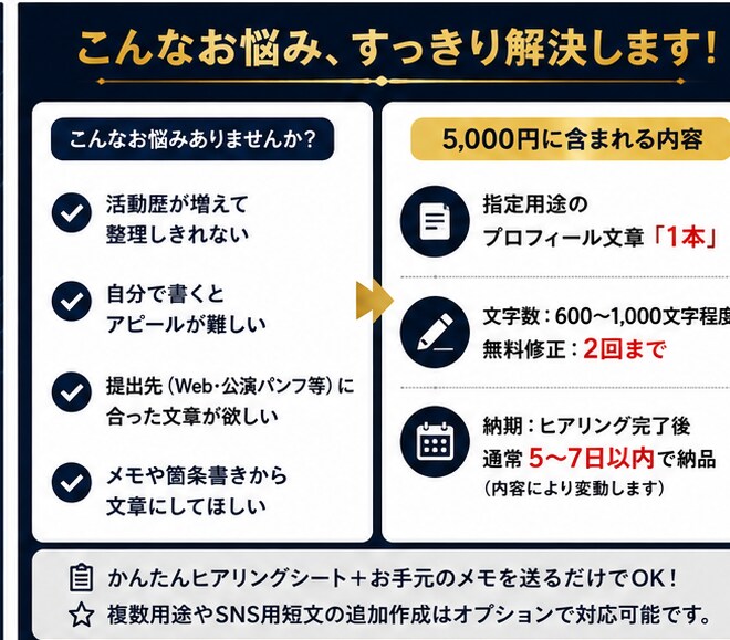 現役演奏家が音楽家のプロフ文章を整理・作成します 10分回答｜本文・短縮版・肩書き3案をまとめて納品 イメージ2