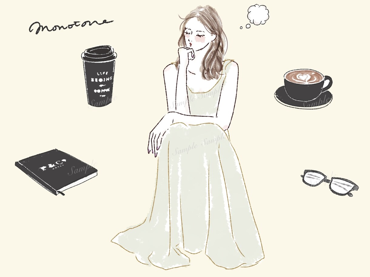 おしゃれな水彩イラストセットお好みの５点～描きます 人物や小物セット！デザインに統一感＆個性UPし多様な場面に！ イメージ6