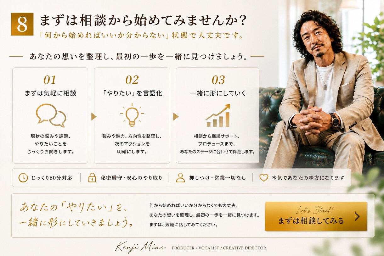 音楽活動の悩み・方向性をプロ目線で整理します あなたの「やりたい」を整理し、一緒に形にします イメージ8
