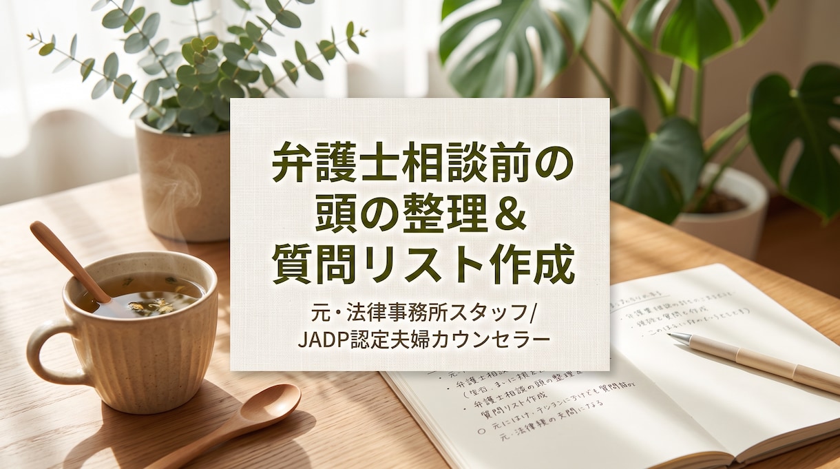弁護士相談の前に！話す内容と質問リストを整理します 緊張する弁護士相談の前に。時系列や質問を一緒にまとめます イメージ1