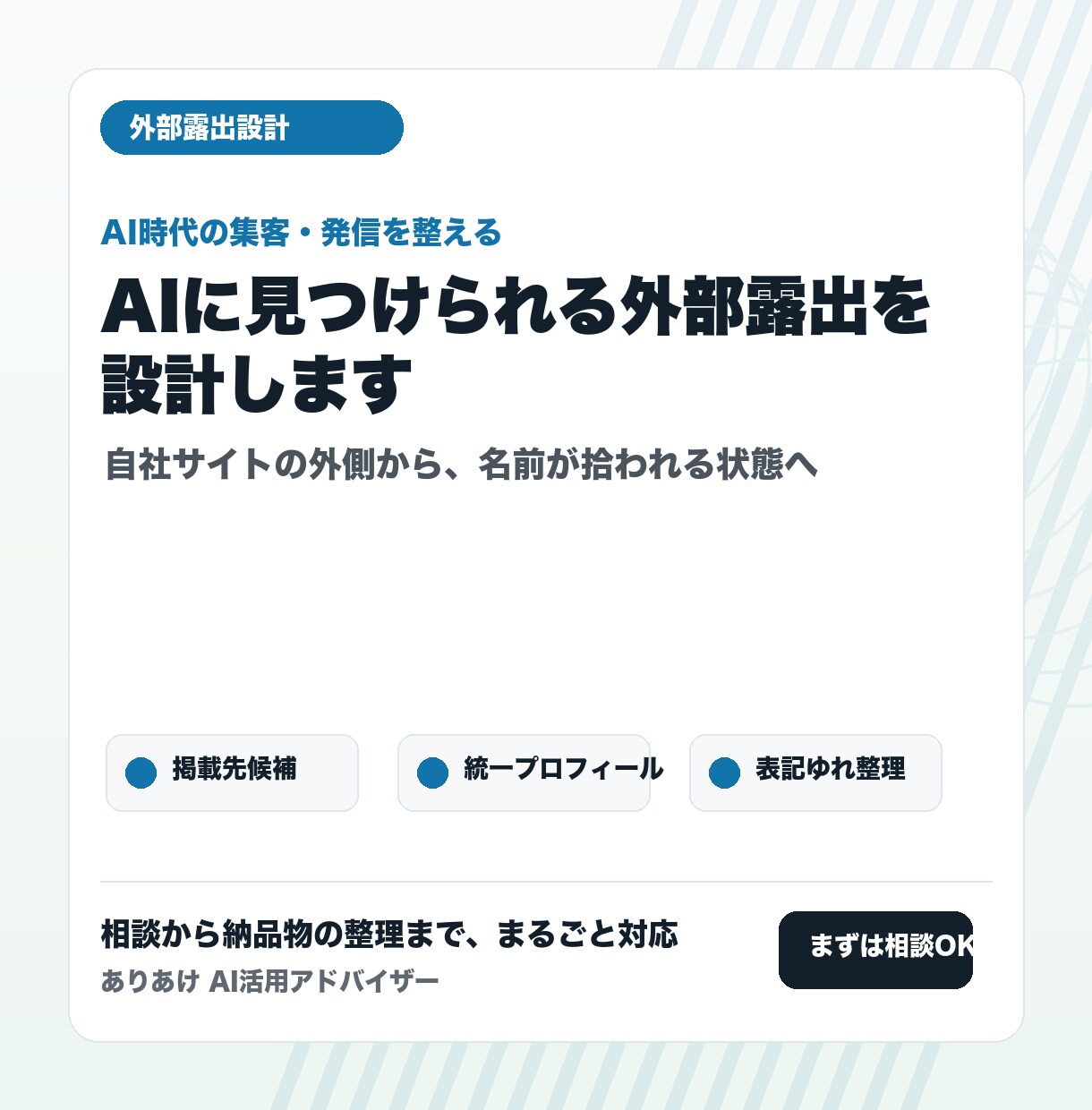 AIに見つけられる外部露出を設計します 自社サイトの外側から、名前が拾われる状態をつくります イメージ2