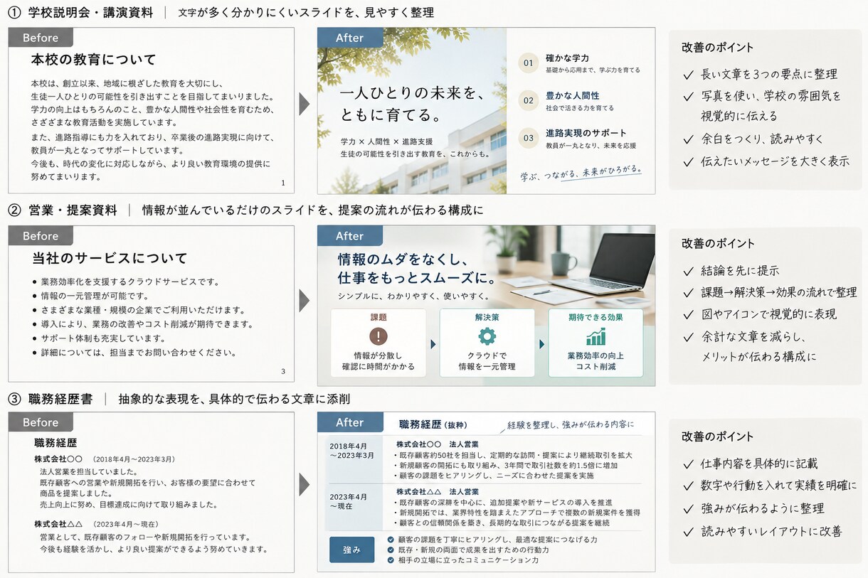 見やすく伝わる資料を作成します 営業・教育業界の経験を生かして丁寧に整えます イメージ4