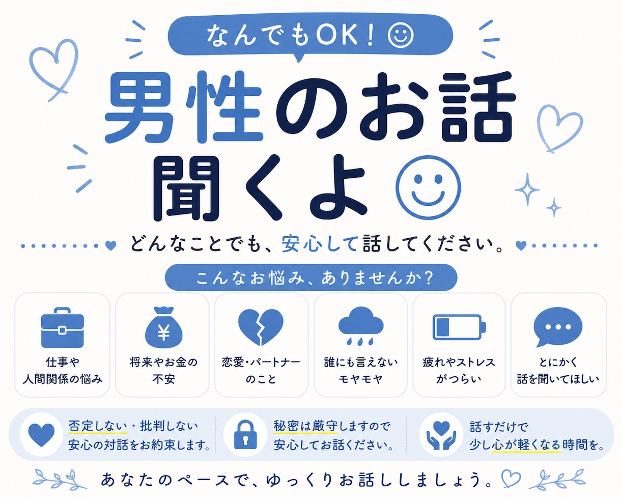 男性向け★雑談〜愚痴まで聞きます 褒めてほしい日も、嬉しい話も、ただ雑談したい日も◎ イメージ1