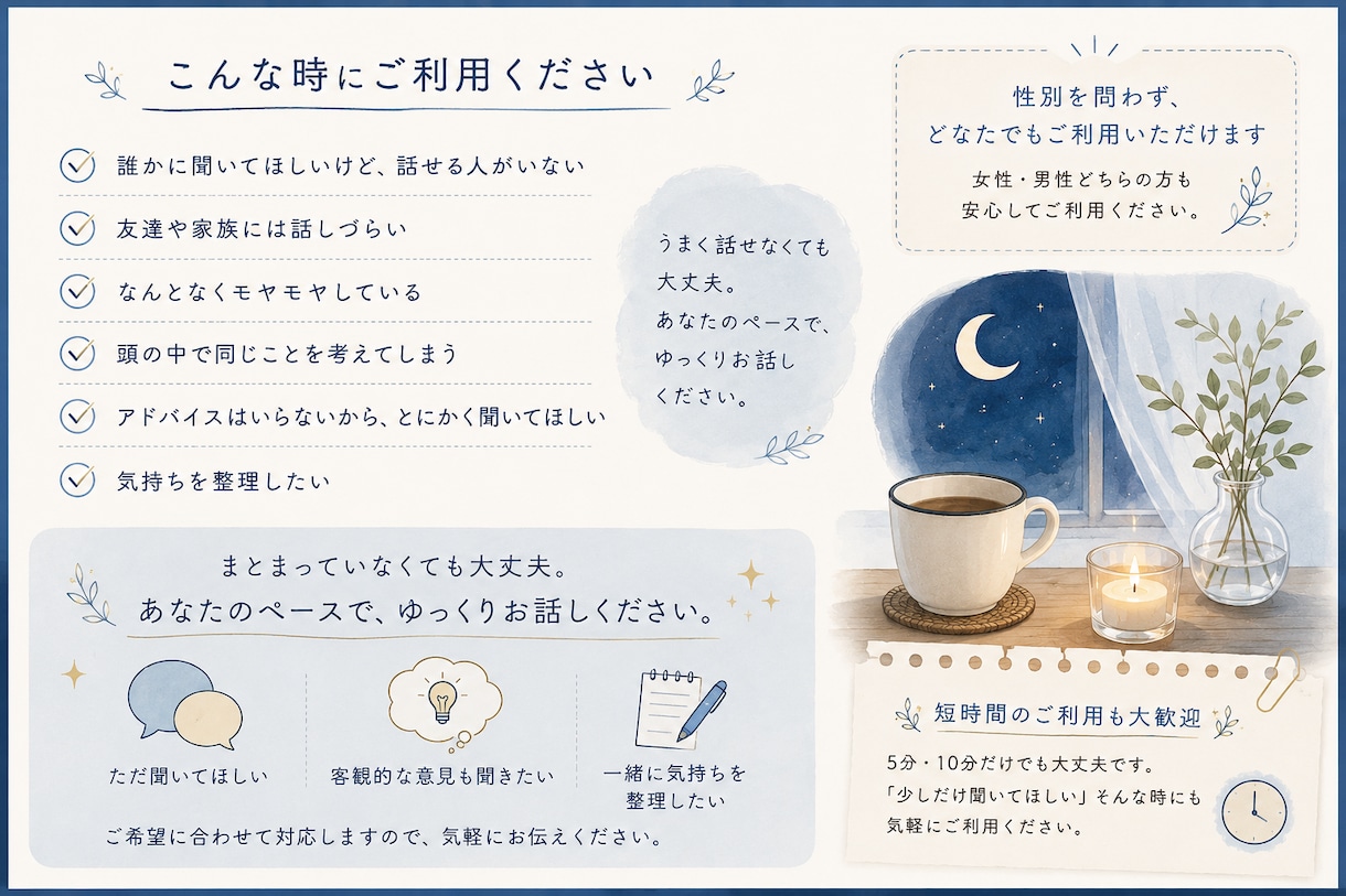 誰にも言えない悩みやモヤモヤをゆっくりお聞きします ただ聞いてほしい、気持ちを整理したい時にお話しください イメージ2
