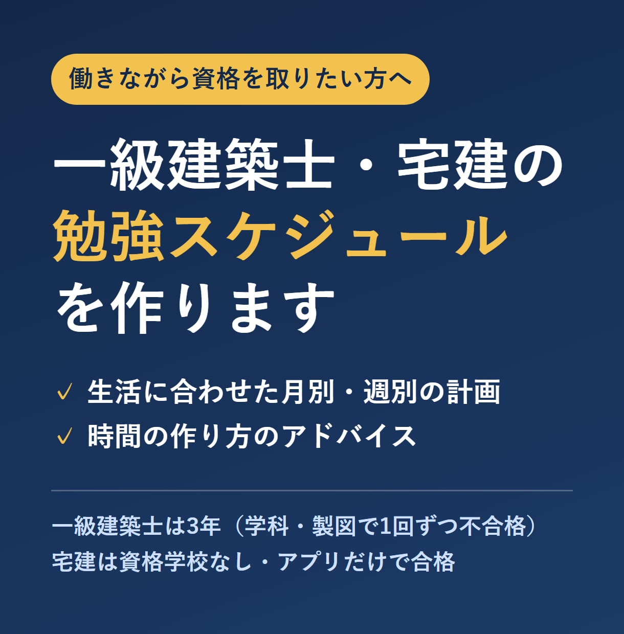 一級建築士・宅建の勉強スケジュールを作ります 働きながら合格を目指す人の続けられる計画づくり イメージ1
