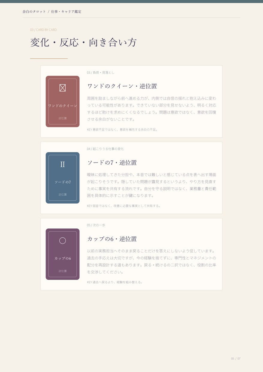 仕事とキャリアの現在地を5枚のタロットで読みます 強み・負荷・変化から、続けられる働き方を深堀り イメージ8
