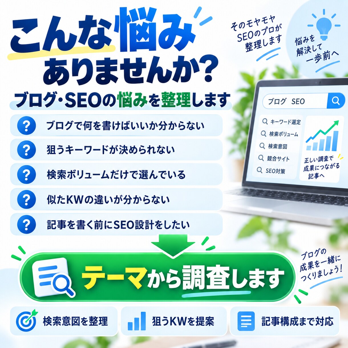 ブログで狙うSEOキーワードを調査・選定します テーマから狙うKWと記事構成まで提案します イメージ2