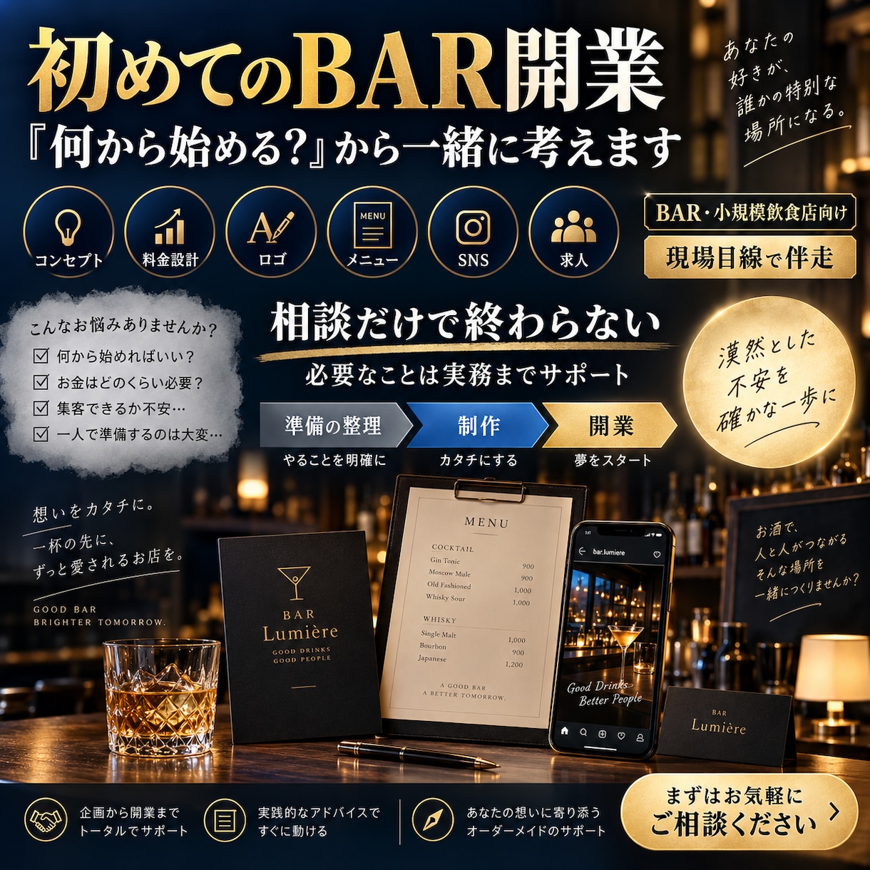 初めてのBAR開業を右腕として一緒に進めます 相談だけで終わらない。料金設計から販促物制作まで実務支援 イメージ1