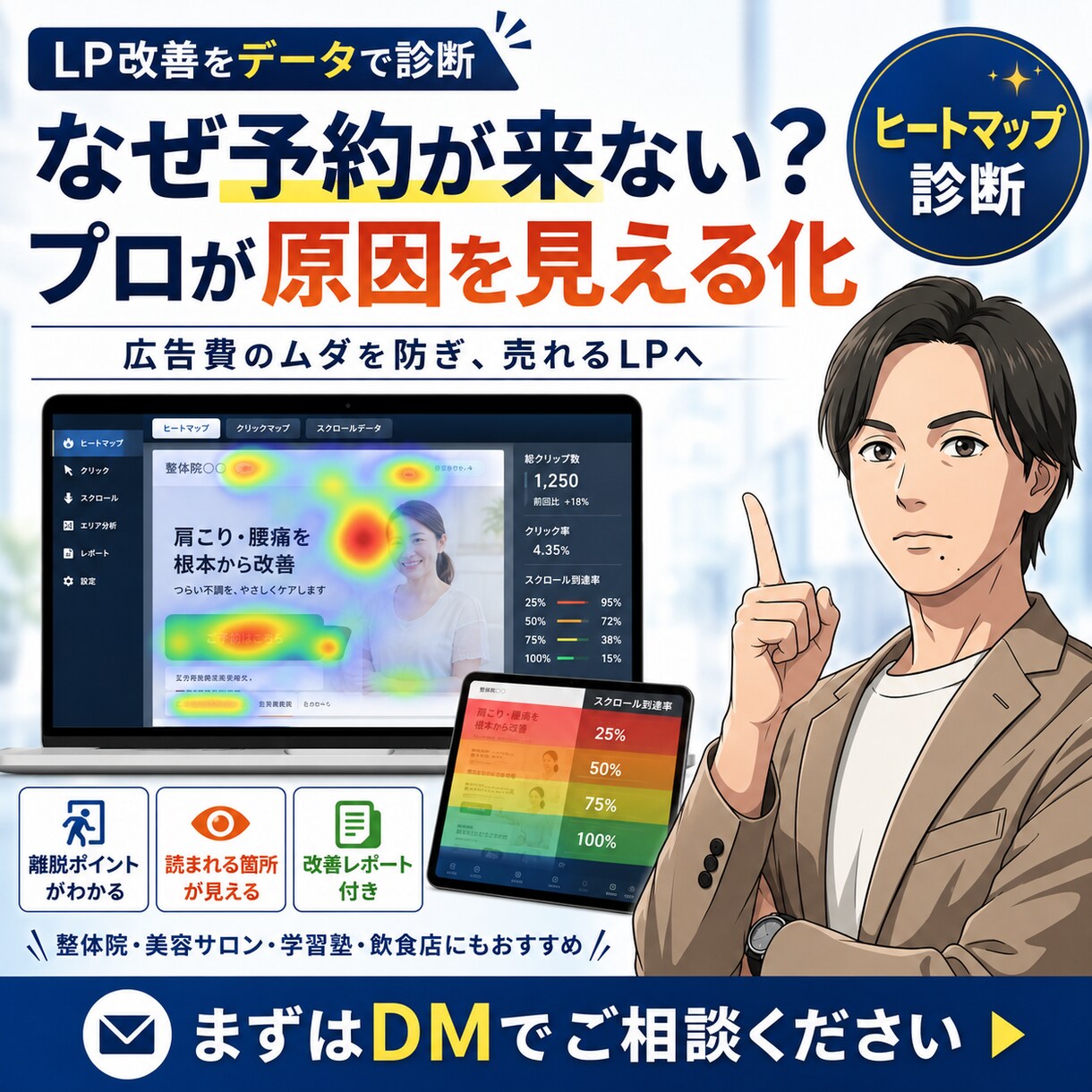 なぜ予約が来ない？プロが原因をデータで暴き出すます 広告費をドブに捨てていませんか？LPのチグハグを丸裸に。 イメージ1