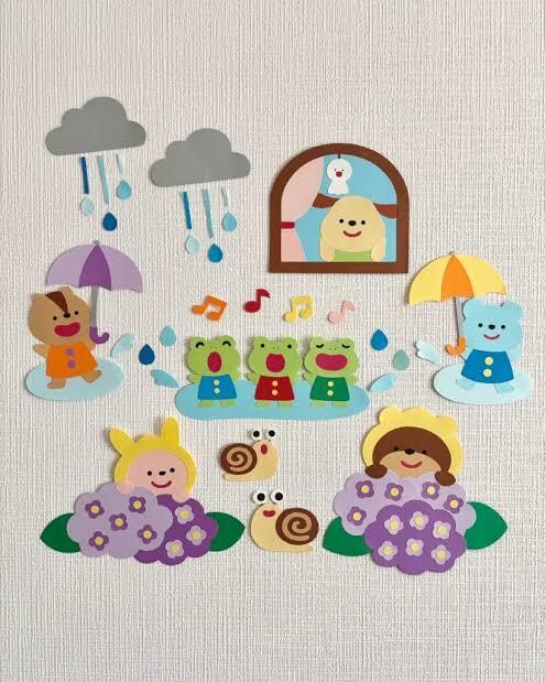 6月 保育園 幼稚園 教室飾り作ります 梅雨の季節にぴったりな、あじさい等の壁面飾りです イメージ1
