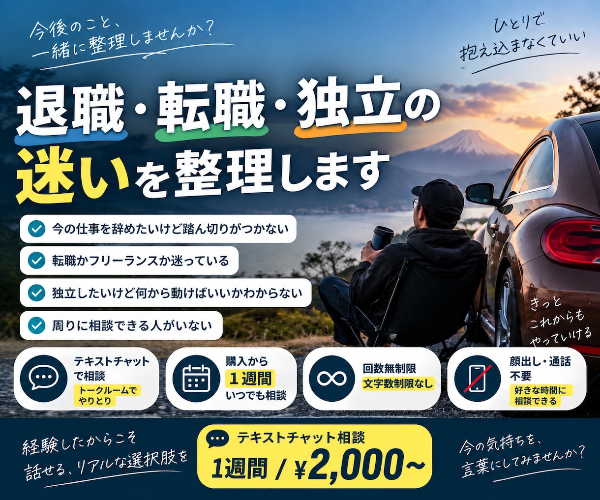 退職・転職・独立の迷いをチャットで整理します 1週間何度でも、実体験ベースで答えます イメージ1