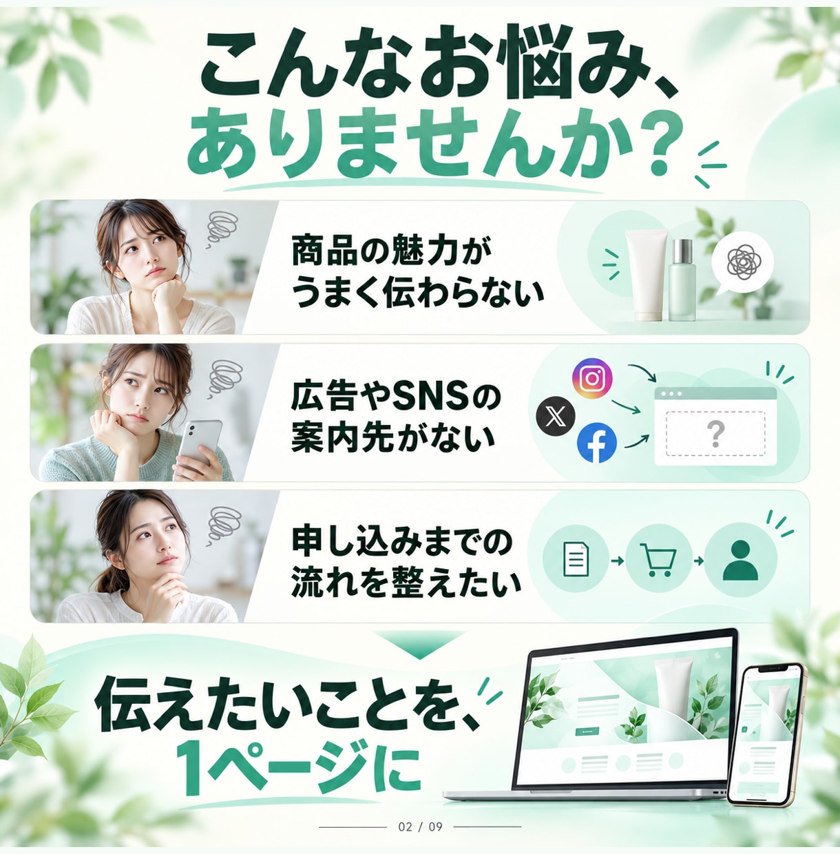商品の魅力が伝わるLPを制作します 魅力を整理し、問い合わせ・申し込みを案内するLPへ イメージ2