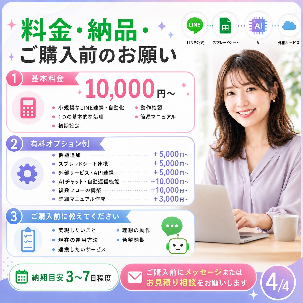 LINE公式の業務を自動化・外部連携します スプレッドシート・AI・外部サービスとLINEを連携します イメージ4