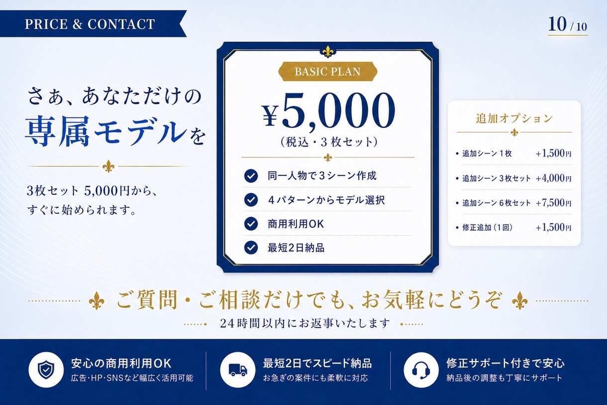 同一人物で統一感ある広告・SNS素材を量産できます 同じ顔・違うシーン。広告もSNSも、これ1人で全部いける。 イメージ10