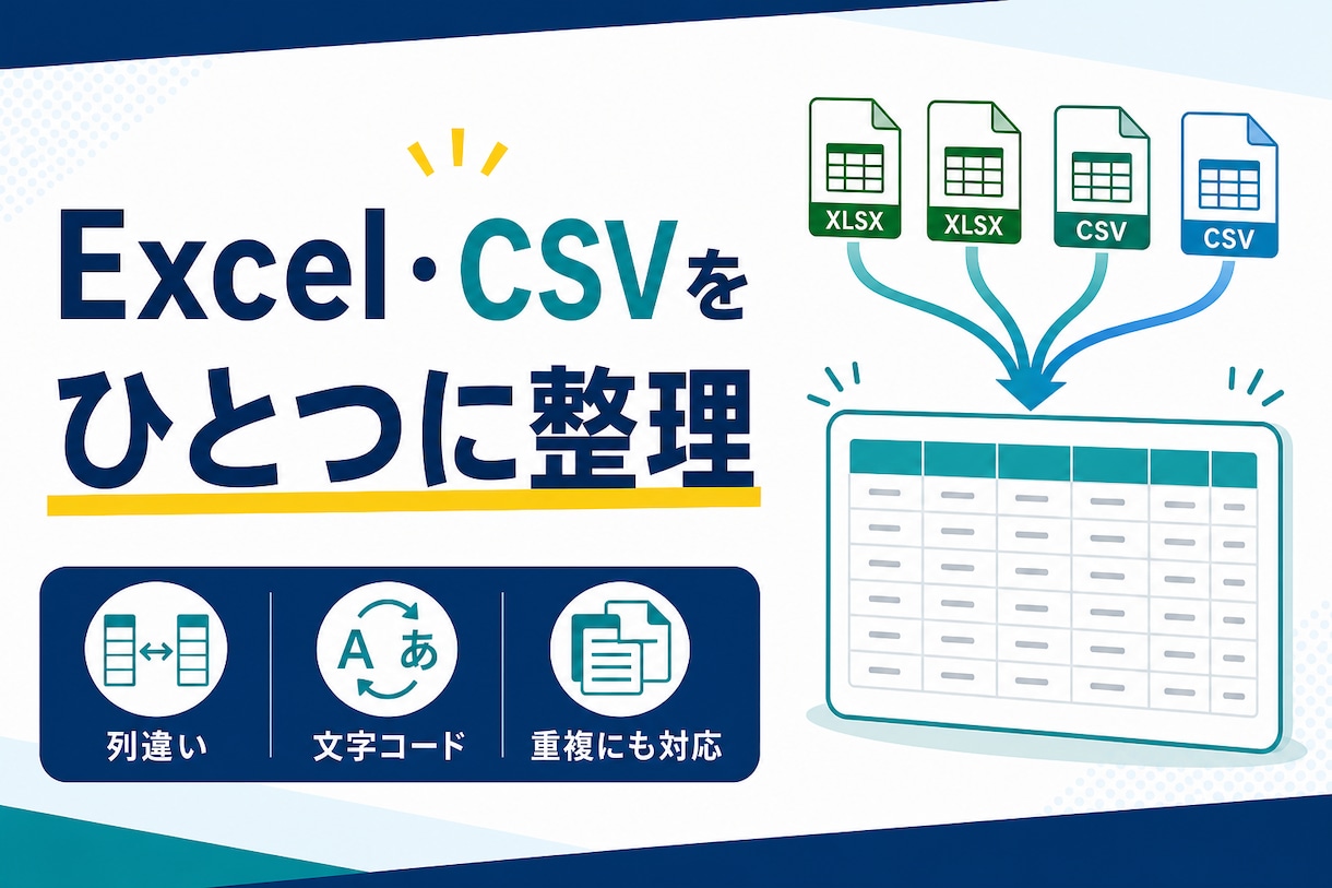 複数のExcel・CSVを1つにまとめます 列違い・文字コード・重複も整理して納品 イメージ1