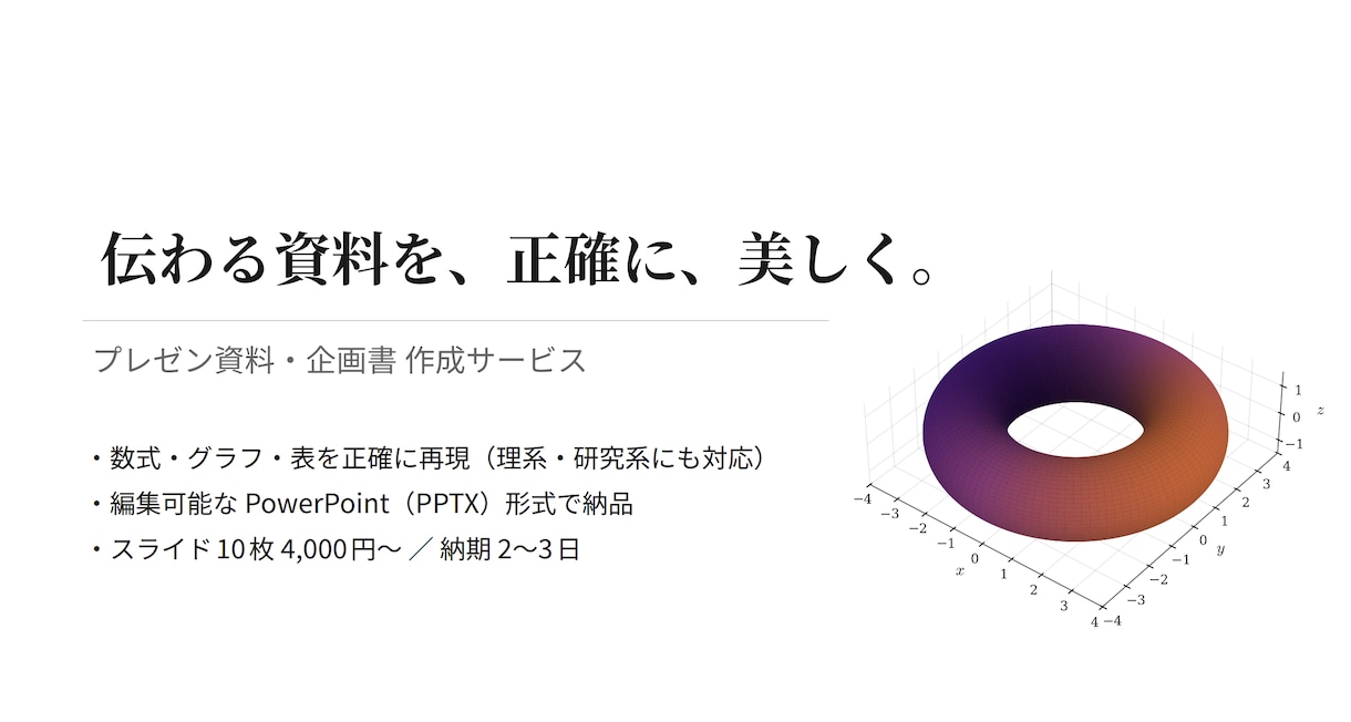 プレゼン資料・企画書を作成します 数式・グラフも美しく、編集可能なスライドに仕上げます イメージ1