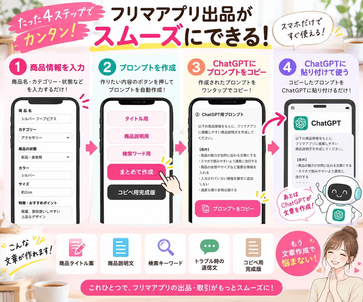 物販用ChatGPTプロンプト作成ツール提供します フリマ物販で使える50プロンプト集も豪華特典でついてきます♡ イメージ3