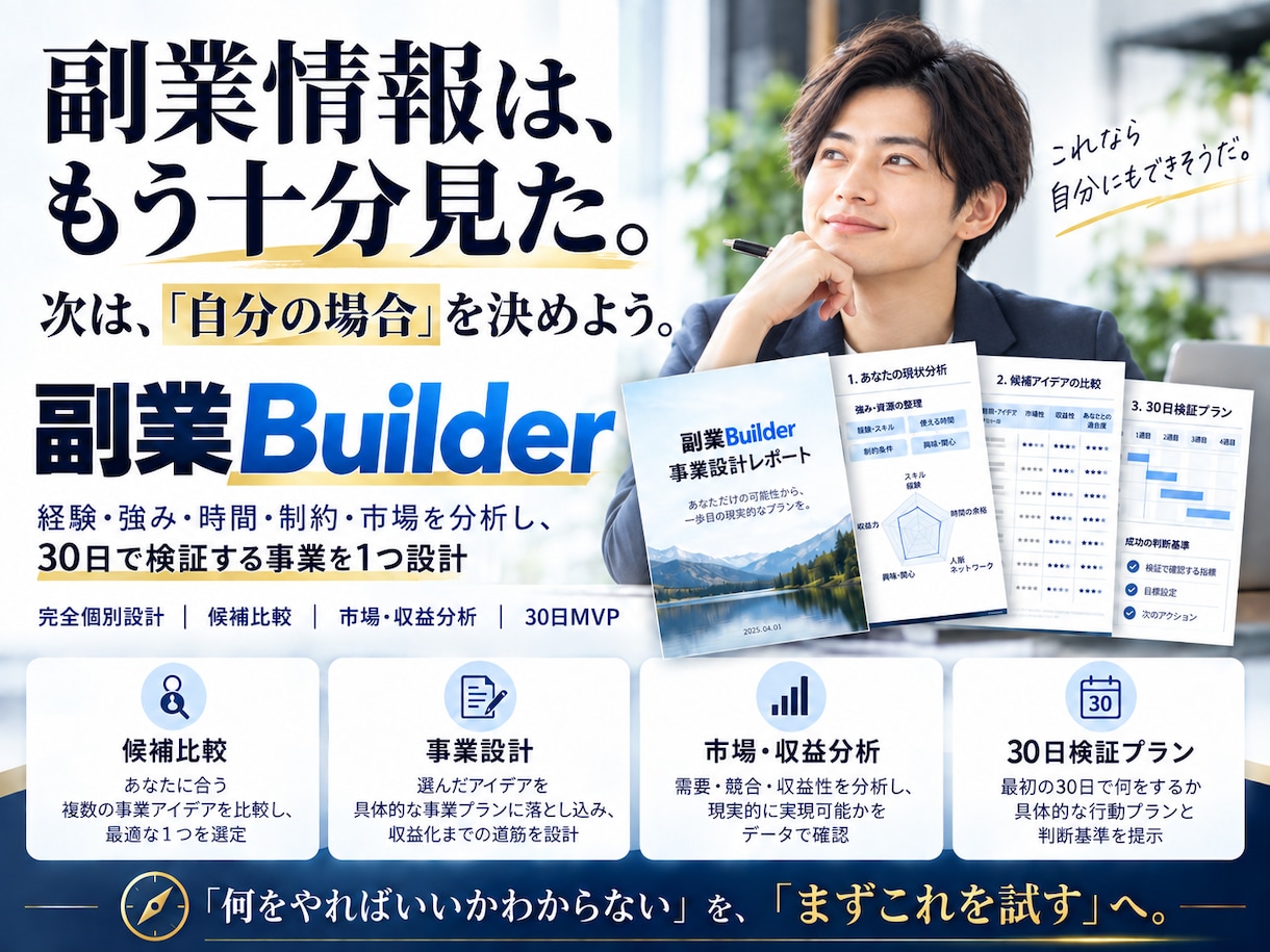 副業builder｜あなた専用の事業を設計します 経験・強み・時間・制約・市場から「まず30日試す事業」を。 イメージ1
