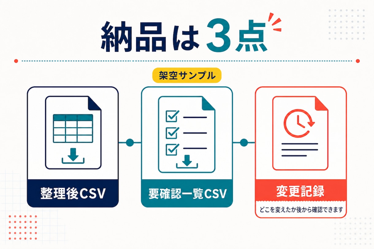 CSVの重複・表記ゆれをルール通り整理します 曖昧な行は消さず、要確認一覧と変更記録つき イメージ2