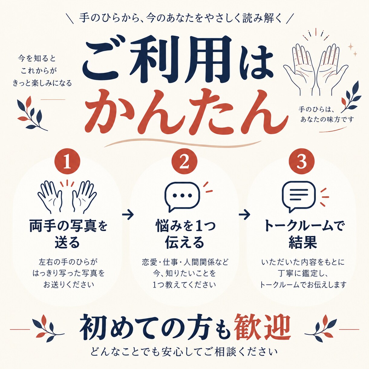 手相占い｜仕事・恋愛・人間関係を整理します 両手写真から強みと次の一歩をお伝えします イメージ3
