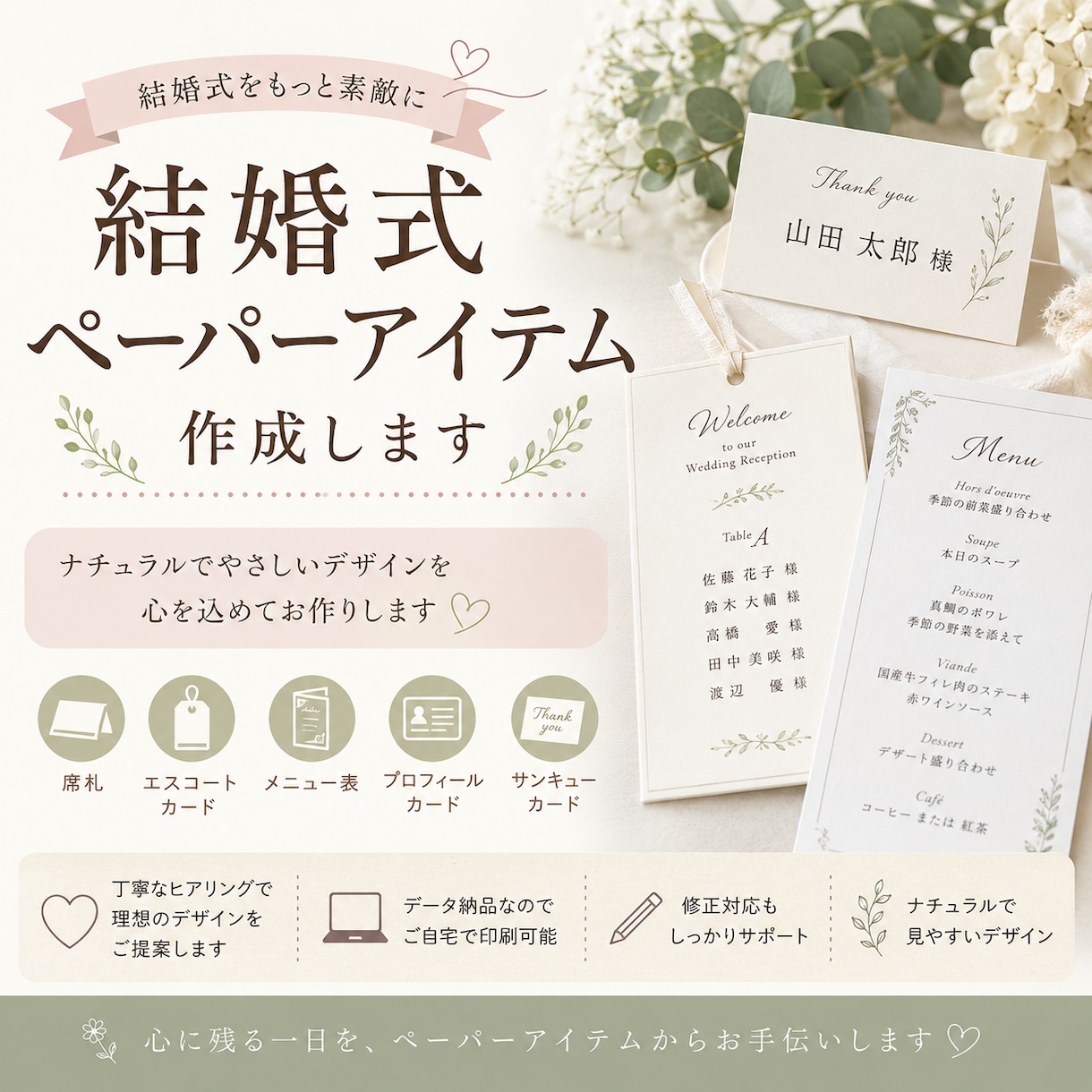 結婚式ペーパーアイテム作成します 席札・エスコートカードなど、結婚式アイテムを丁寧に作成します イメージ1