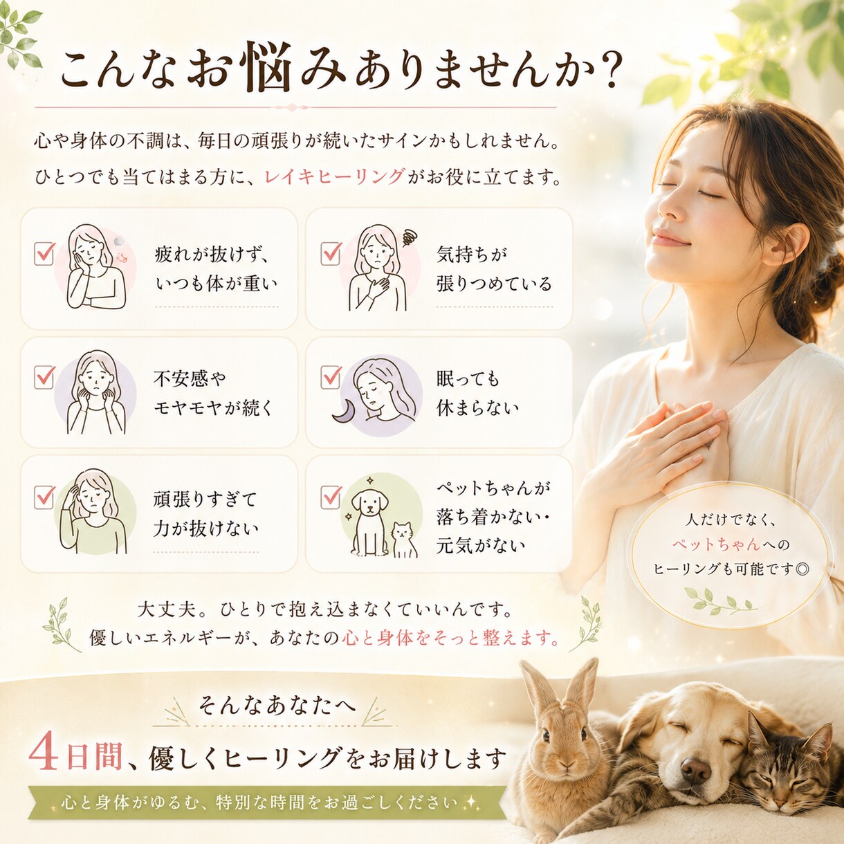 ペットさんもOK◎4日間遠隔レイキヒーリングします 癒しの4日間をお届け。張りつめた心身を、ふわっとゆるめます イメージ2