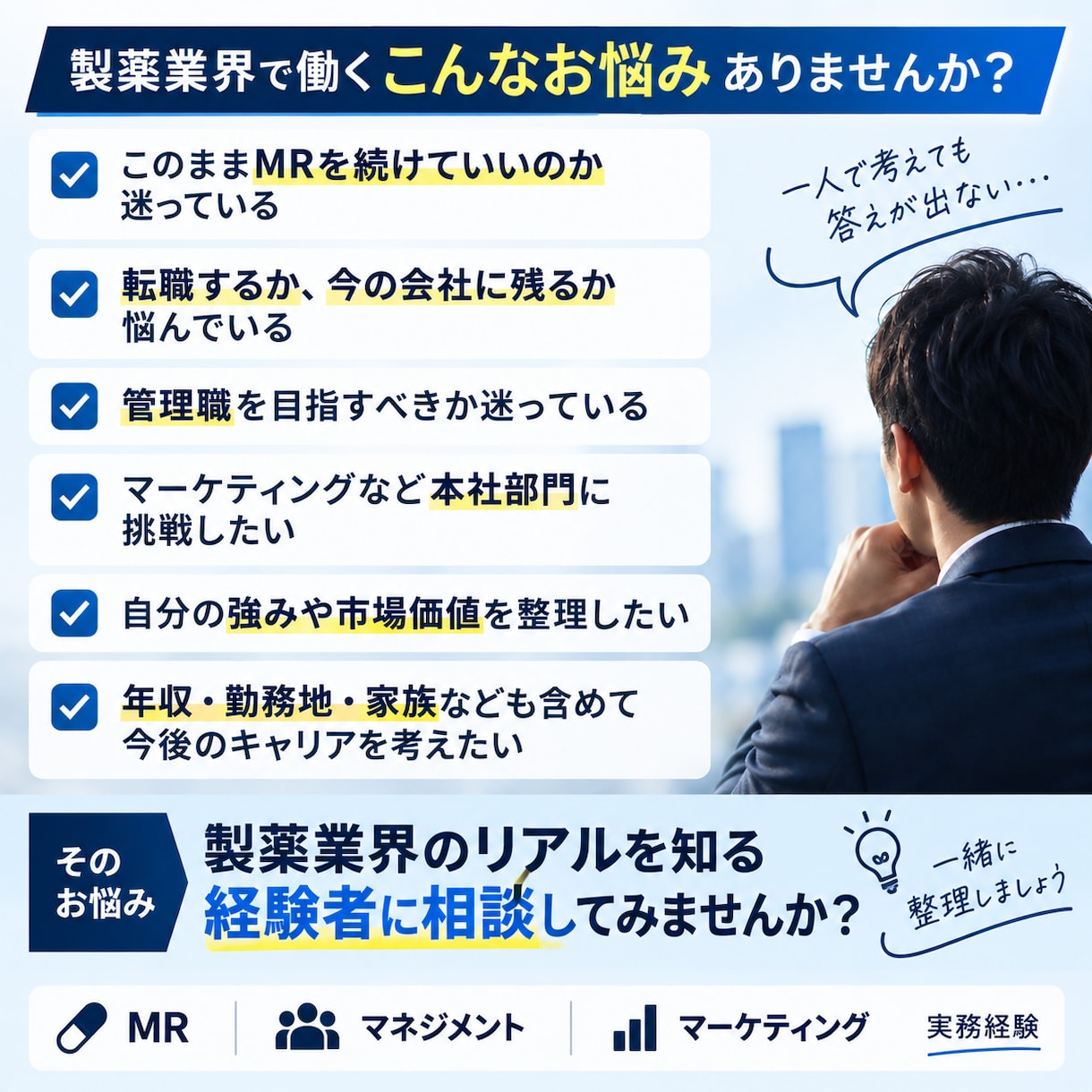 製薬業界・MRのキャリア相談に乗ります MR・管理職・マーケ経験者が次のキャリアを丁寧に整理します イメージ2