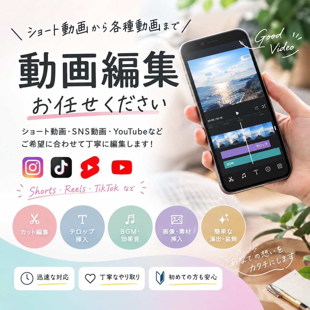 動画編集、特にショート動画を編集します Instagram等SNSショート動画に対応します！ イメージ1