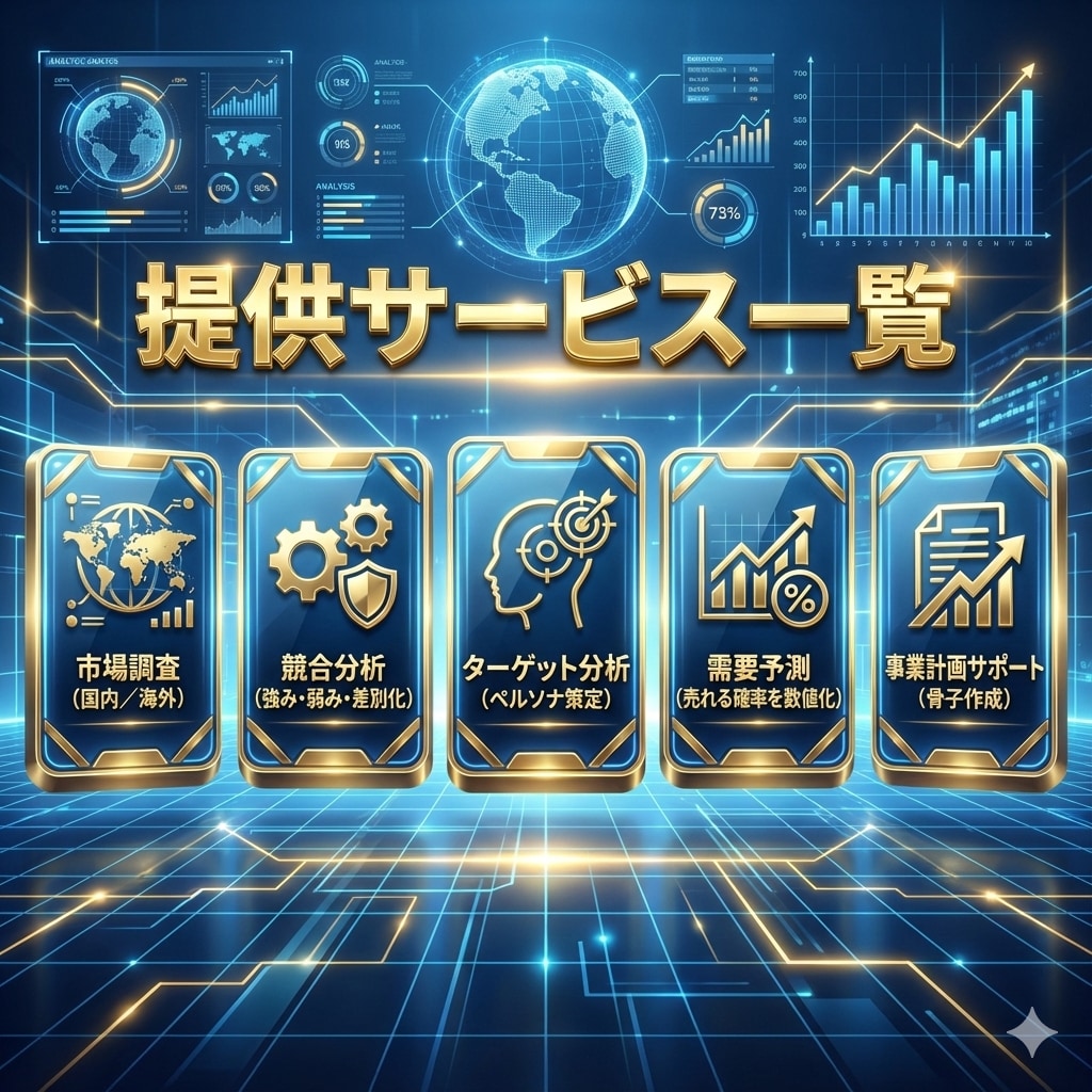 市場調査から参入の可否まで出します AIで調べ、事業を営む人間が判断する市場調査です。 イメージ4