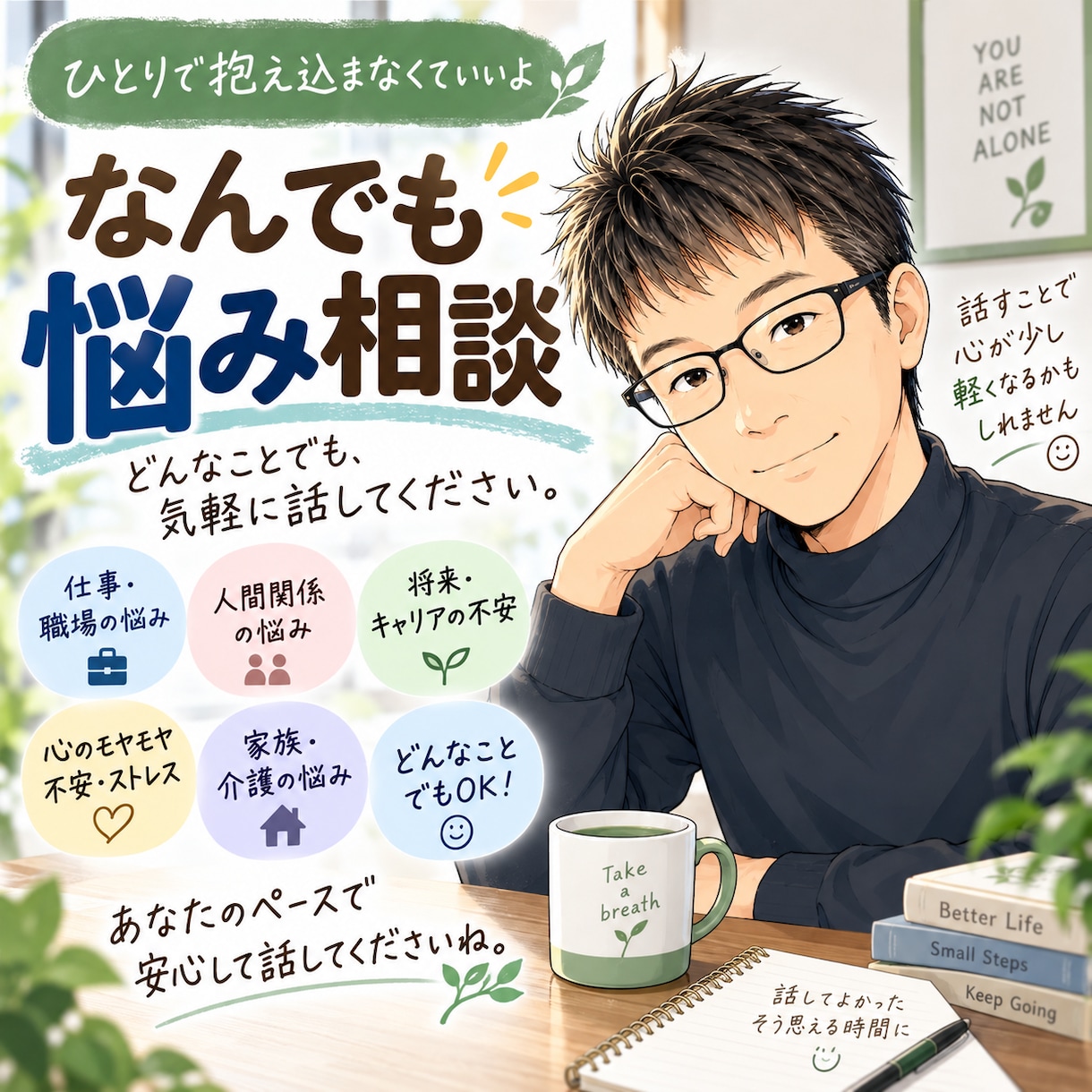 50代コーチが優しく寄り添いお聴きします どんなお悩みも全肯定でお聴きします【秘密厳守】 イメージ1