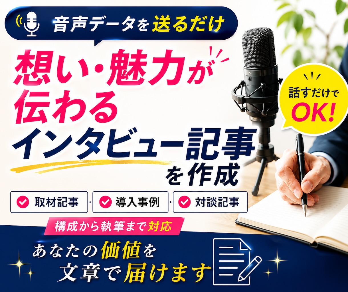 想いが伝わるインタビュー記事を作成します 音声データを送るだけ。あなたの価値を文章で届けます。 イメージ1