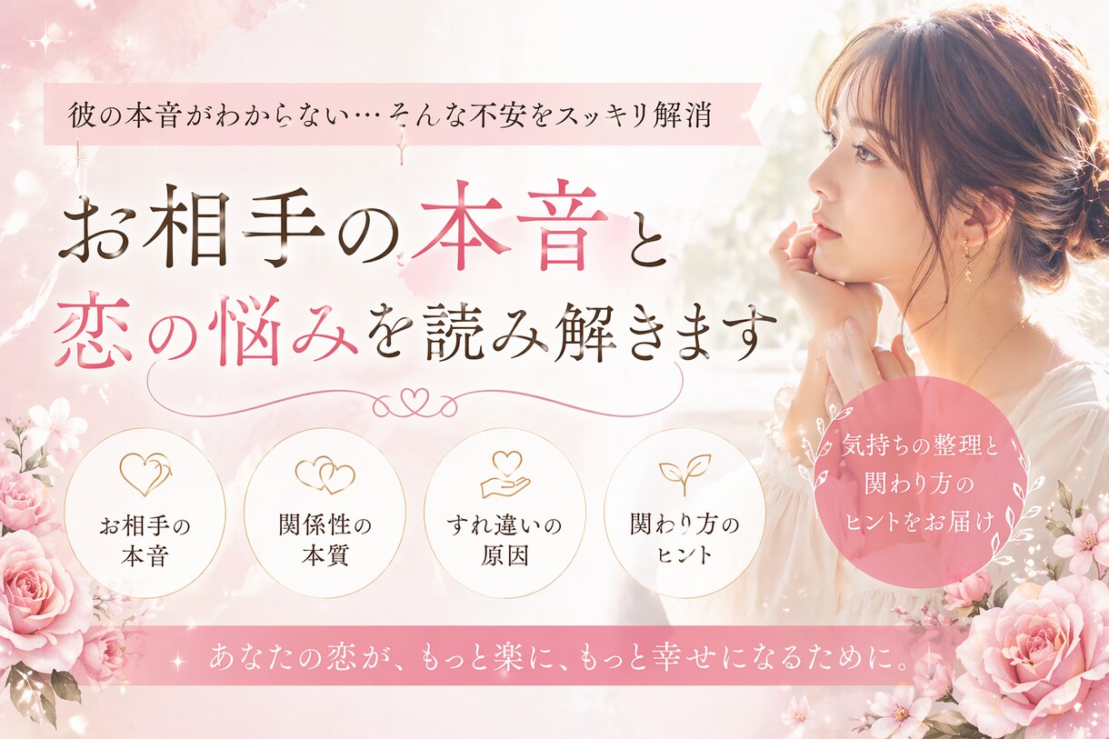 あの人の気持ちと現実の可能性をリーディングします 「好き」だけでは分からない“現実”をお伝えします イメージ1