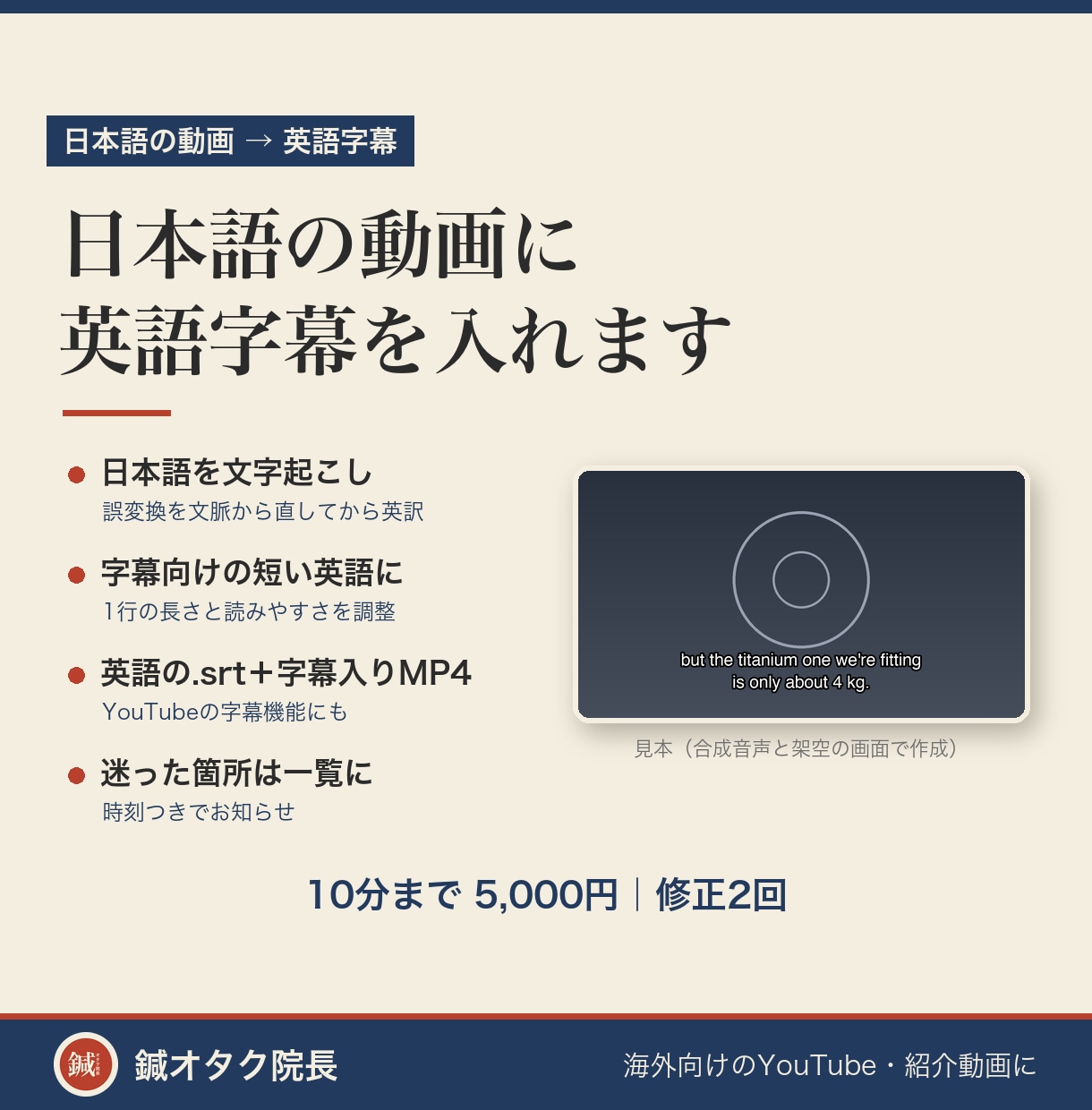 日本語の動画に、読みやすい英語字幕を入れます 日本語を点検してから英訳し、字幕向けの英語に整えます イメージ1