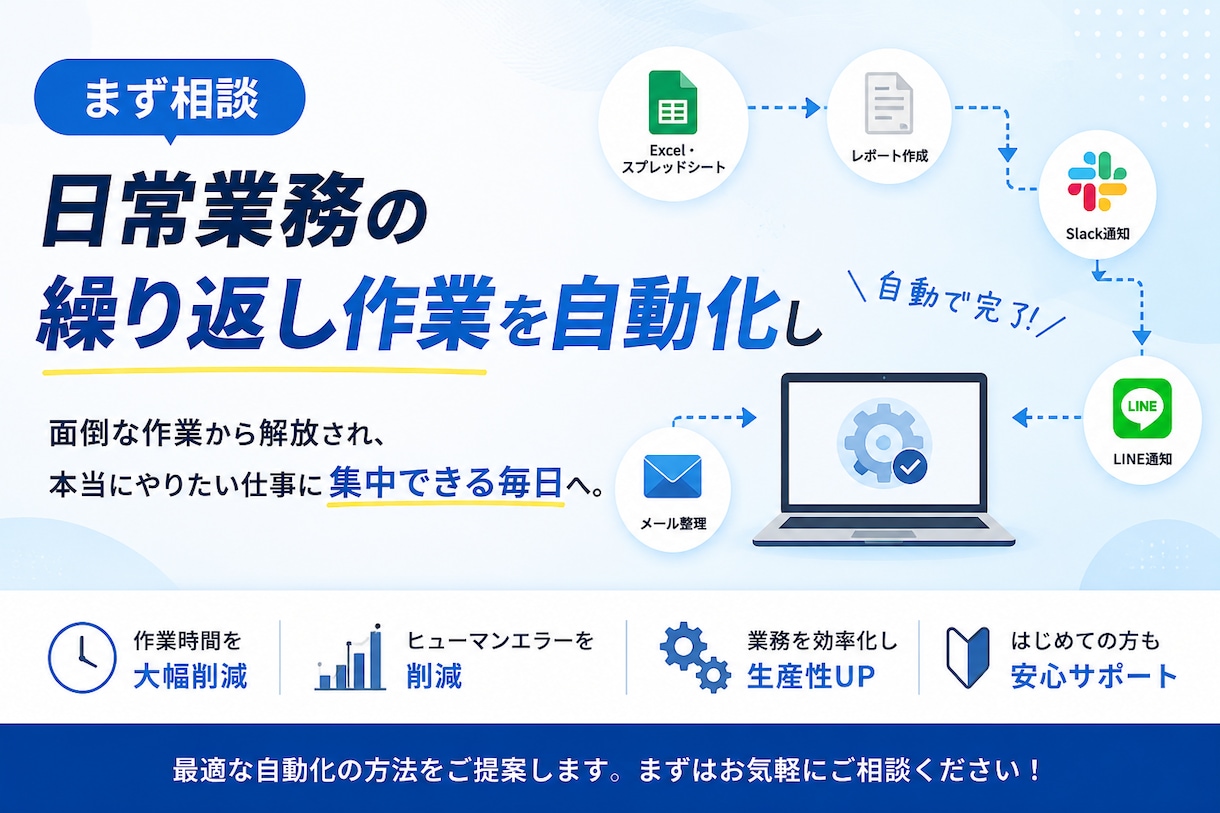まず相談！日常業務の繰り返し作業を自動化します IT苦手でもOK。小さな自動化から始めましょう イメージ1