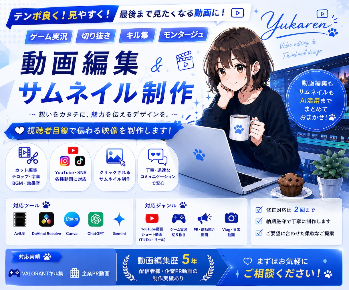 動画編集とサムネイル制作をまとめて承ります AI活用でタイトル・構成案のご提案も対応します イメージ1