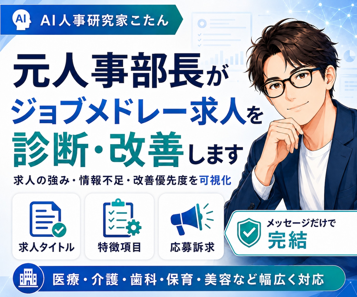 元人事部長がジョブメドレー求人を診断・改善します 求人の強み・情報不足・応募を妨げる要因を可視化します イメージ1
