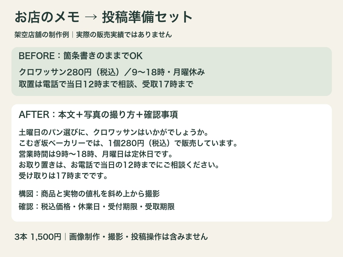 パン屋のInstagram投稿文を3本作ります 投稿文3本・写真の構図案・投稿順をセットで納品 イメージ2