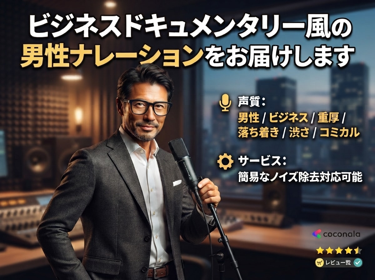 ビジネスドキュメンタリー風ナレーションを提供します 穏やかな語り、冷静沈着な語り、軽妙洒脱な語りを披露します！ イメージ1