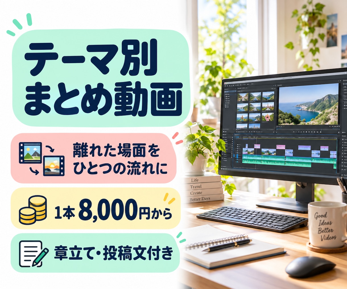指定テーマで切り抜きまとめ動画を制作します 離れた場面をテーマで再構成｜章立て・投稿文付き イメージ1