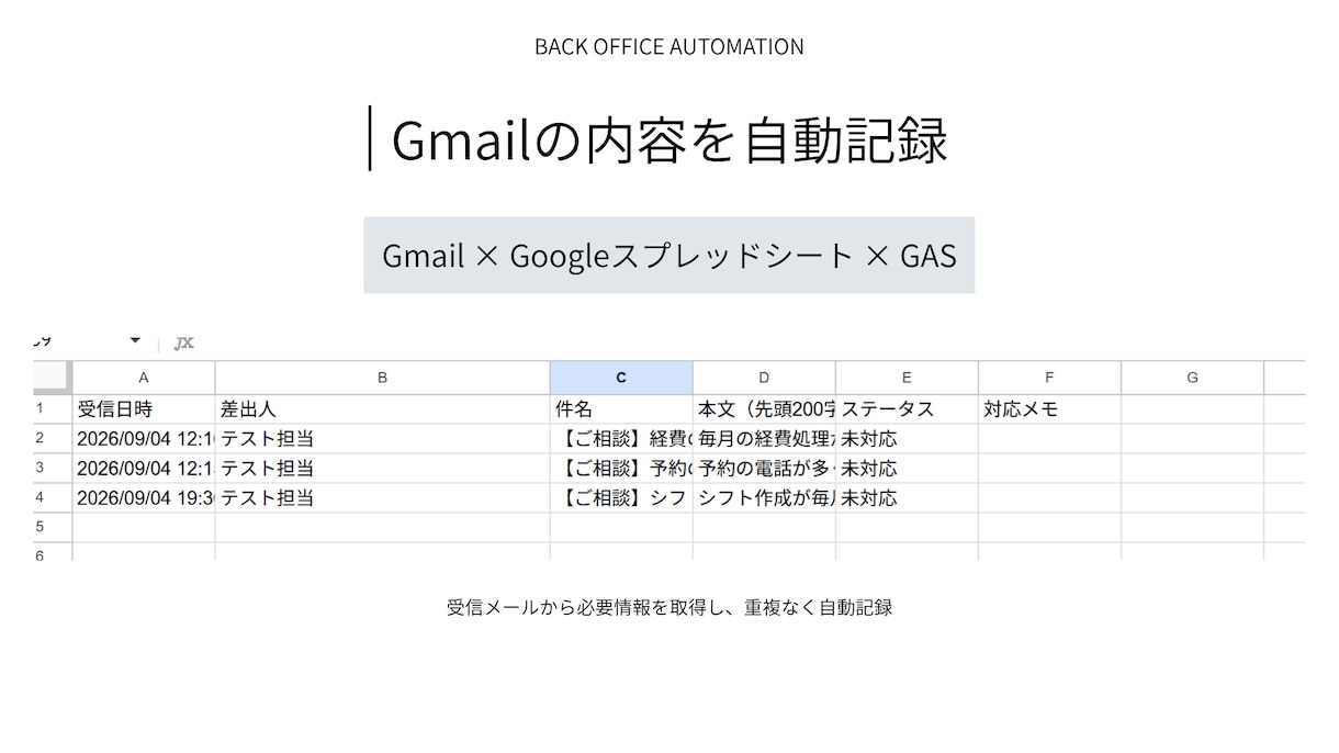 Gmailの内容を自動で記録します 問い合わせメールの転記・重複登録を減らします イメージ1