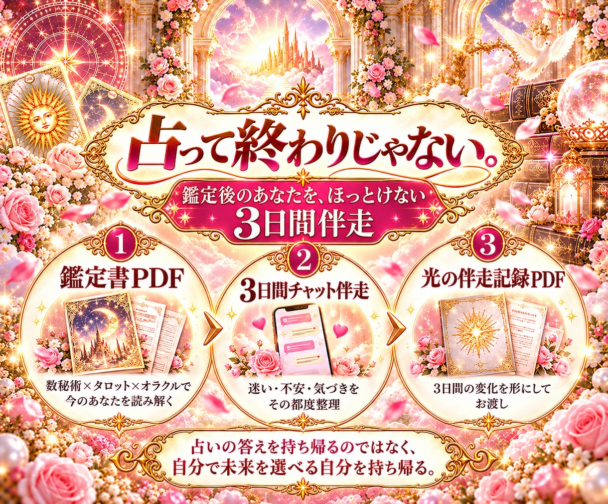仕事・人間関係など人生のお悩みを占い3日伴走します 答えを探し続ける毎日から、自分で未来を選べる3日間へ イメージ5